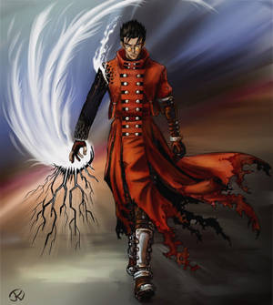 身穿紅色外套的動漫戰士，引導白色能量並產生劈啪效果。 — 艾莉塔：戰鬥天使 壁紙