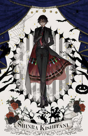 動漫角色 Shinra Kishitani 穿著萬聖節服裝，搭配蝙蝠、蜘蛛和玫瑰。 — Galaxy Z Fold 8 壁紙