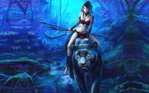 一位女戰士在夜晚騎著黑豹穿過神秘的藍色叢林。 — 黑豹 壁紙