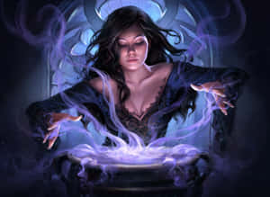 女巫在彩繪玻璃窗下從發光的大鍋中施放魔法 — 魔法森林 壁紙