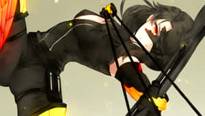 穿著黑色服裝的動漫女孩，帶有發光橙色點綴，正在拉弓。 — Rwby 壁紙