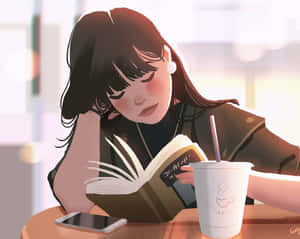 年輕女子在咖啡桌旁喝咖啡和用手機看書 — 看書 GIF 壁紙