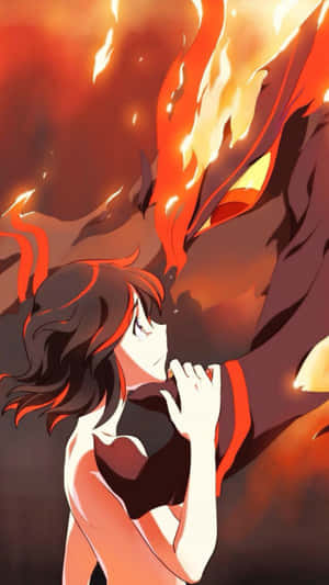 一位女子以動漫風格溫柔地觸摸火焰龍的臉。 — 火影忍者 卡卡西 壁紙
