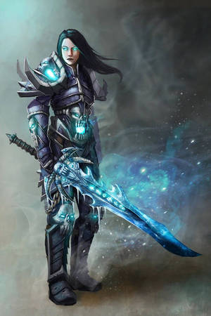 幻想戰士身穿暗色盔甲，手持發光藍劍。 — 死亡騎士 壁紙