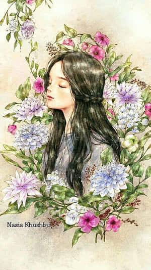 一位黑髮女性被水彩風格的花環環繞。 — 唯美花卉 壁紙