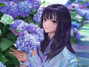 動漫女孩在花園裡拿著紫色繡球花 — 花卉 壁紙