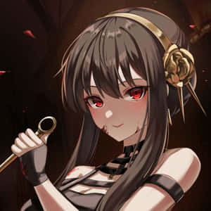 紅眼、戴著金色玫瑰頭飾的動漫女孩，手持帶有血跡的鑰匙。 — 間諜家家酒 GIF 壁紙