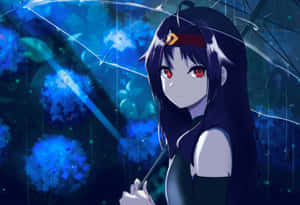 紅眼動漫女孩在夜晚發光的藍色雨中撐傘。 — 刀劍神域 壁紙