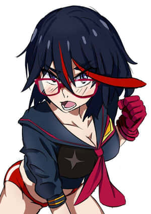 黑髮紅眼鏡的動漫女孩握緊拳頭。 — 混沌武士 壁紙