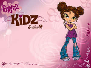Bratz Kidz 角色 Sasha 穿著紫色上衣和藍色牛仔褲，站在粉紅色漩渦背景上。 — Bratz 美學 GIF 壁紙