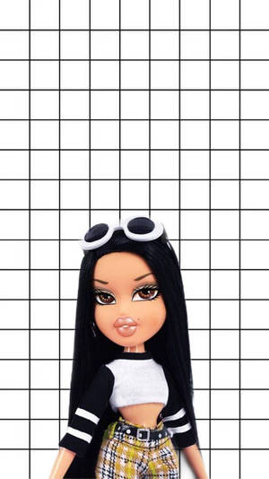 Bratz 娃娃頭上戴太陽眼鏡，格子背景 — 娃娃 壁紙