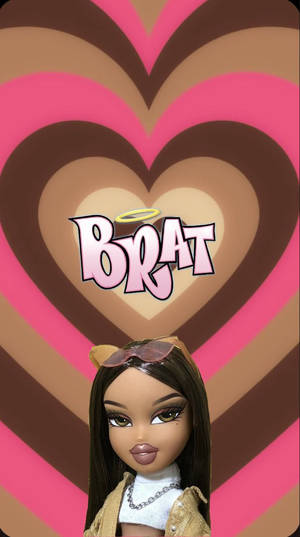 Bratz 娃娃戴著太陽眼鏡，背景為粉紅色和棕色的心形。 — 娃娃 壁紙