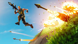 Fortnite 玩家在空中於草地地形上進行爆炸性戰鬥時發射武器。