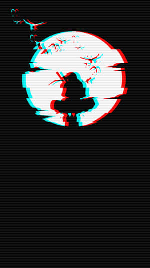 glitch 效果的人物剪影，鳥兒在破碎的圓圈周圍飛翔。 — 火影忍者 壁紙