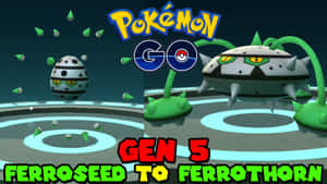 Pokémon GO 進化場景，鐵種子（Ferroseed）變成堅果啞鈴（Ferrothorn），帶有發光環和漂浮種子。 — 高清 壁紙