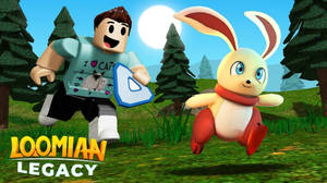 一個 Roblox 角色和一隻兔子在陽光明媚的森林中奔跑。 — 洛米安傳奇 壁紙