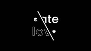 一個極簡圖形，顯示 'hate' 被劃掉，並用骷髏頭和心形替換字母。 — 愛黑白 壁紙