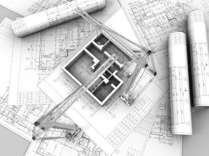 建築藍圖上有一個3D起重機模型。 — 設計 壁紙