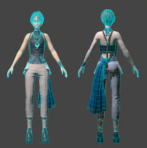 穿著未來風格服裝的3D線框女性角色模型的正面和背面視圖。 — 鳶尾花 壁紙