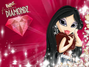 Bratz Diamondz角色，黑髮和閃亮配飾，在紅色閃亮背景上。 — Bratz 美學 GIF 壁紙