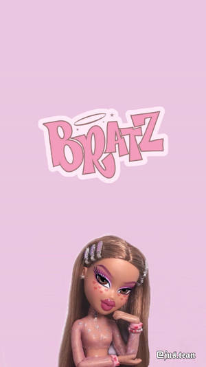 Bratz娃娃，帶有閃亮化妝和長髮，粉紅色背景。 — 高清 壁紙
