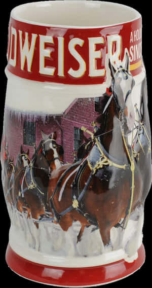Budweiser啤酒杯，冬季馬匹在磚砌建築附近拉雪橇。