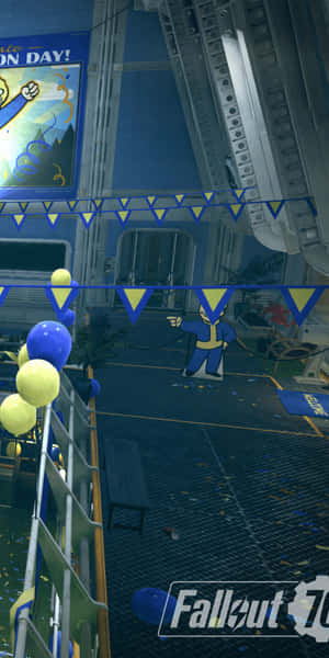 避難所內部裝飾著氣球、橫幅和Vault Boy剪影，用於慶祝活動。 — Pixel 3 壁紙