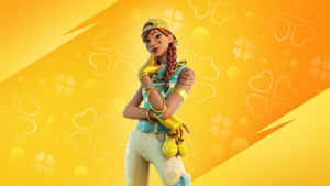 身穿黃色服裝的Fortnite角色，背景有愛心和幸運草。 — 卡通頻道角色 壁紙
