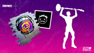 Fortnite角色剪影在紫色背景上拿著一把巨大的錘子，帶有塗鴉藝術。 — 崔維斯·史考特 要塞英雄 壁紙