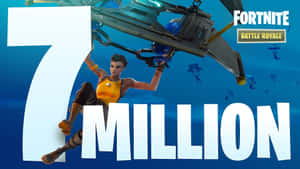 Fortnite角色掛在滑翔機上，帶有「7 MILLION」文字和遊戲標誌。 — 要塞英雄 大逃殺 壁紙