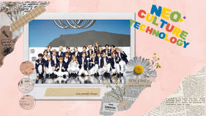K-pop團體穿著西裝以山景為背景的照片，周圍環繞著剪貼簿拼貼元素。 — Nct 127 壁紙
