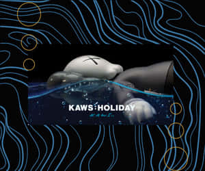 KAWS Holiday乙烯基公仔浸在水中，周圍有氣泡和波浪形藍色線條。 — 可愛聖誕節動圖 壁紙