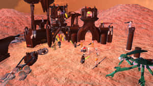 LEGO Star Wars角色和生物在紅色行星上的城堡附近。 — 星海爭霸 壁紙