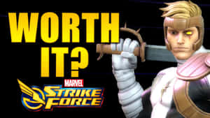 Marvel Strike Force角色手持劍，眼睛發光，帶有粗體黃色文字。 — 超級瑪利歐兄弟大亂鬥 壁紙