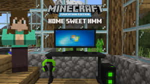 Minecraft Education Edition角色在一個像素化的木房間裡，有電腦和耳機。 — 教室 壁紙