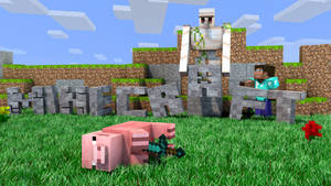 Minecraft玩家手持劍，站在豬和骷髏旁邊的草地上。 — 我的世界 壁紙