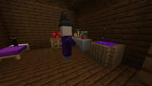 Minecraft女巫在木屋裡，有紫色床和釀造台。 — 我的世界迷因 壁紙