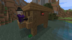 Minecraft女巫在山區地形的蘑菇屋附近的木製平台上。 — 我的世界苦力怕 壁紙