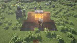 Minecraft村民靠近一間有燃燒熔爐的房屋，周圍是草地和殭屍。 — 我的世界 壁紙