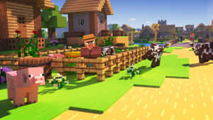 Minecraft村民與豬和牛在一個陽光明媚的村莊，有方塊房屋和綠色草地。 — 我的世界 壁紙