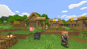Minecraft村莊，有村民、豬和木屋，在藍天下。 — 我的世界 壁紙