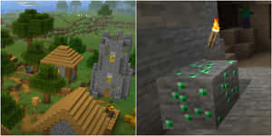 Minecraft村莊和鑽石礦石方塊，火炬照明 — 我的世界 壁紙