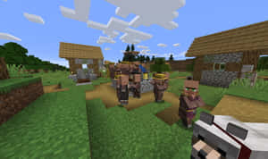 Minecraft村民在草地上，藍天白雲，雲朵呈方塊狀。 — 我的世界苦力怕 壁紙