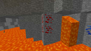 像素化地下洞穴中的Minecraft熔岩池，帶有紅色地獄岩方塊。 — 我的世界 鑽石 壁紙