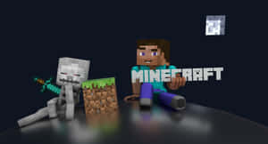 Minecraft玩家和骷髏與泥土方塊及遊戲標誌在黑暗表面上。 — 我的世界苦力怕 壁紙