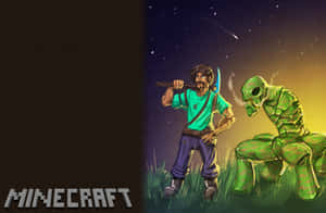 Minecraft玩家在夜晚手持劍面對綠色殭屍 — 可愛 Minecraft 壁紙