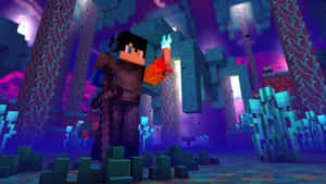Minecraft角色在地獄堡壘中手持火炬和劍 — 我的世界 鑽石 壁紙