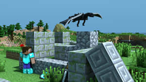 Minecraft玩家在石塊附近，頭頂有飛龍。 — 我的世界 終極人 壁紙