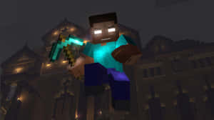 Minecraft角色在夜間漂浮在中世紀城鎮上方，手持發光劍。 — 我的世界苦力怕 壁紙