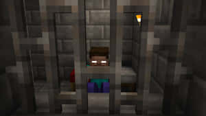 在石頭監獄牢房中的Minecraft角色，眼睛發光 — 我的世界 壁紙